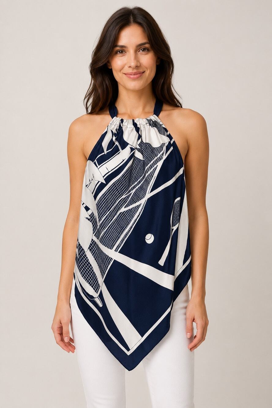 Trina Turk Navy Tennis Print Halter Handkerchief Top Medium